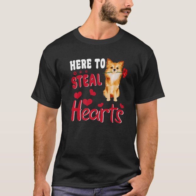 Here To Steal Hearts Funny Pomeranian Dog Valentin T-Shirt (Front)