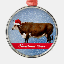 Hereford Bull and Santa Hat Ceramic Ornament