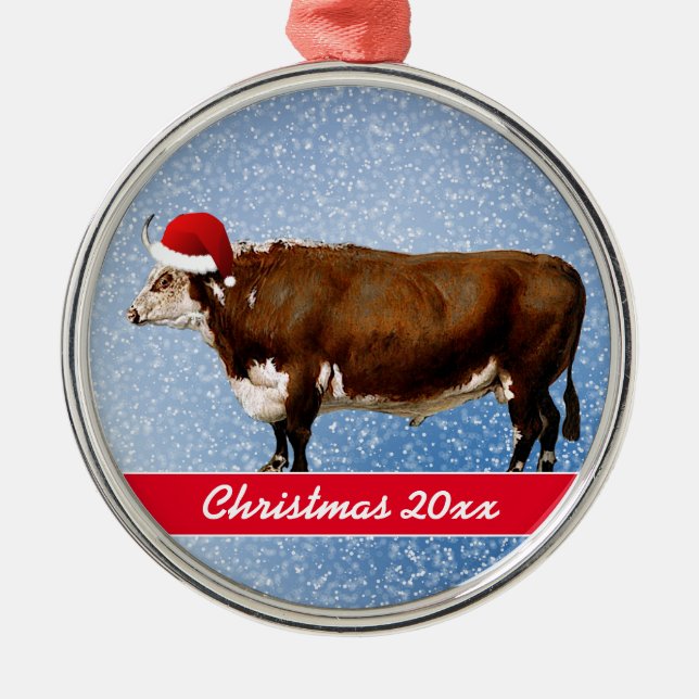 Hereford Bull and Santa Hat  Ceramic Ornament (Front)