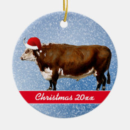 Hereford Bull and Santa Hat Ceramic Tree Decoration