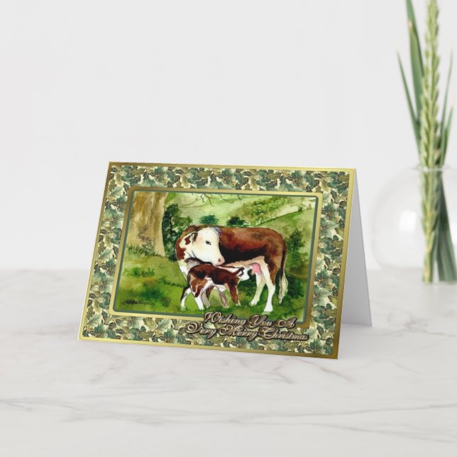 Hereford Cow And Calf Blank Christmas Card (Front)