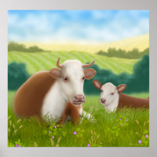 Hereford Cow and Her Calf Poster