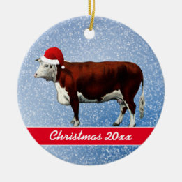 Hereford Cow and Santa Hat Ceramic Ornament