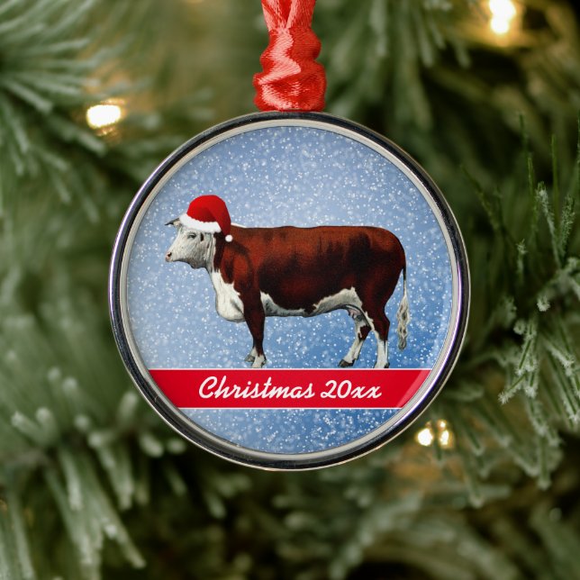 Hereford Cow and Santa Hat Metal Tree Decoration (Tree)