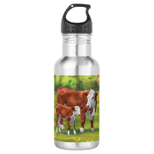 Hereford Cow & Cute Calf in Summer Pasture 532 Ml Water Bottle
