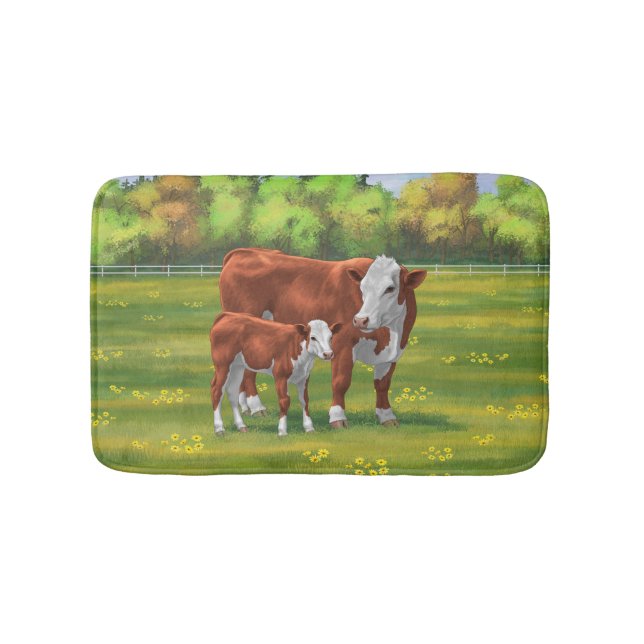 Hereford Cow & Cute Calf in Summer Pasture Bath Mat (Front)