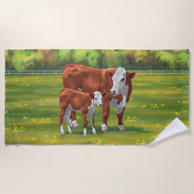Hereford Cow & Cute Calf in Summer Pasture Beach Towel (Front)