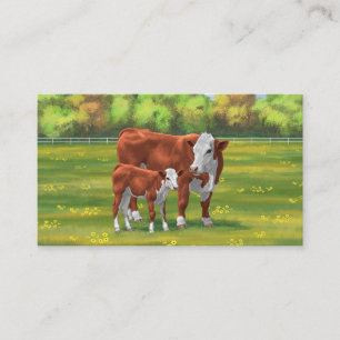 Hereford Cow & Cute Calf in Summer Pasture Business Card