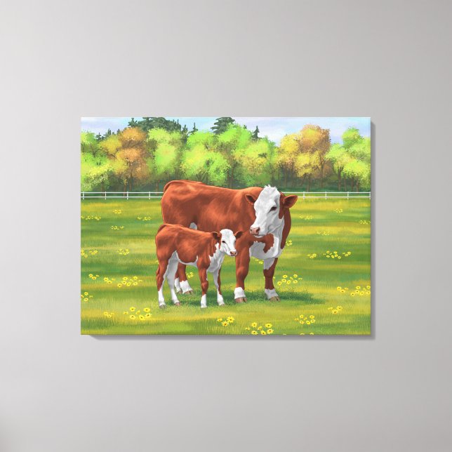 Hereford Cow & Cute Calf in Summer Pasture Canvas Print (Front)