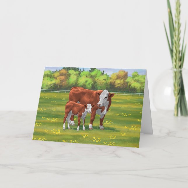 Hereford Cow & Cute Calf in Summer Pasture Card (Front)