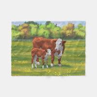 Hereford Cow & Cute Calf in Summer Pasture