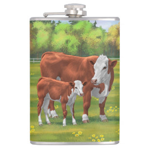 Hereford Cow & Cute Calf in Summer Pasture Hip Flask