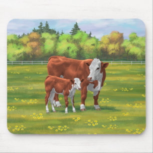 Hereford Cow & Cute Calf in Summer Pasture Mouse Mat