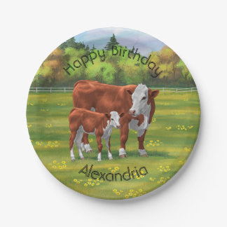 Hereford Cow & Cute Calf in Summer Pasture Paper Plate