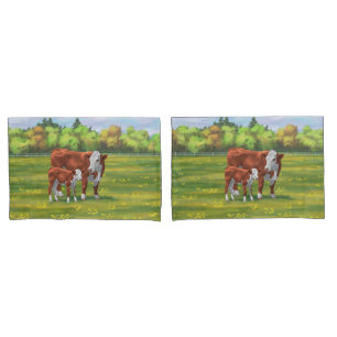 Hereford Cow & Cute Calf in Summer Pasture Pillowcase