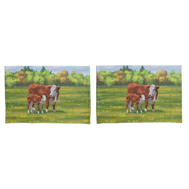 Hereford Cow & Cute Calf in Summer Pasture Pillowcase (Front-Set)