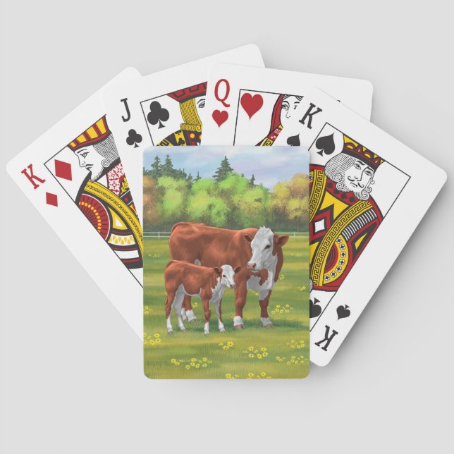 Hereford Cow & Cute Calf in Summer Pasture Playing Cards (Back)