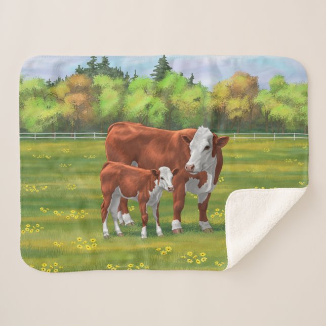 Hereford Cow & Cute Calf in Summer Pasture Sherpa Blanket (Front (Horizontal))
