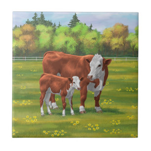 Hereford Cow & Cute Calf in Summer Pasture Tile
