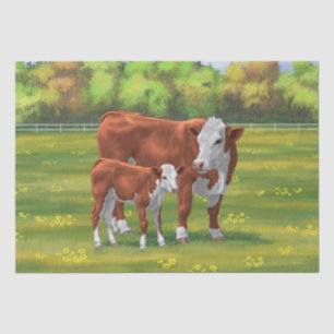 Hereford Cow & Cute Calf in Summer Pasture Tissue Paper