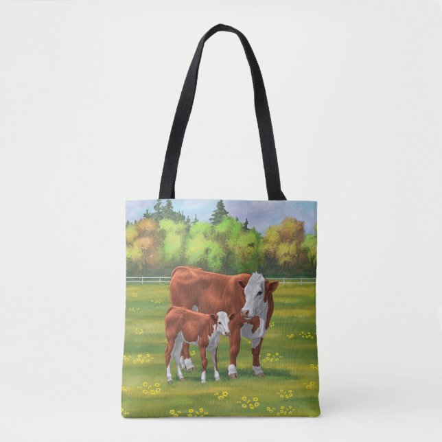 Hereford Cow & Cute Calf in Summer Pasture Tote Bag (Front)