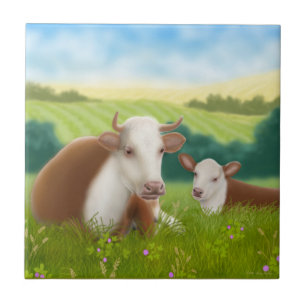 Hereford Cow with Calf Tile