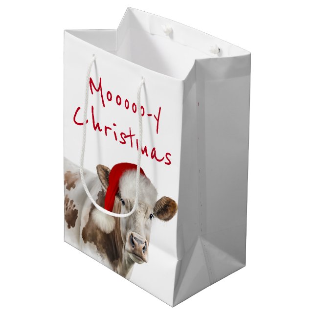 Hereford Cow With Santa Cap Medium Gift Bag (Front Angled)