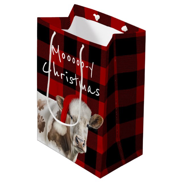Hereford Cow With Santa Cap on Plaid Medium Gift Bag (Front Angled)