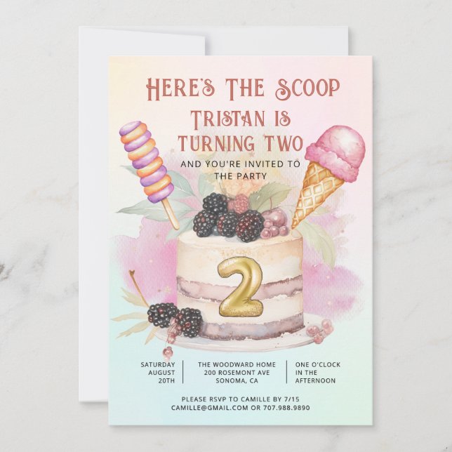 Here's The Scoop 2nd Birthday Ice Cream Party Invitation (Front)