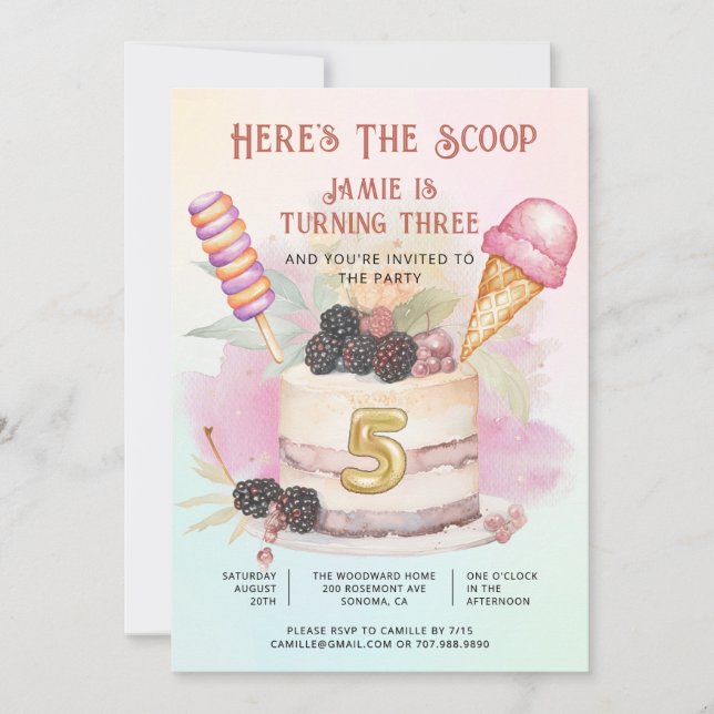 Here's The Scoop 5th Birthday Ice Cream Party Invitation (Front)