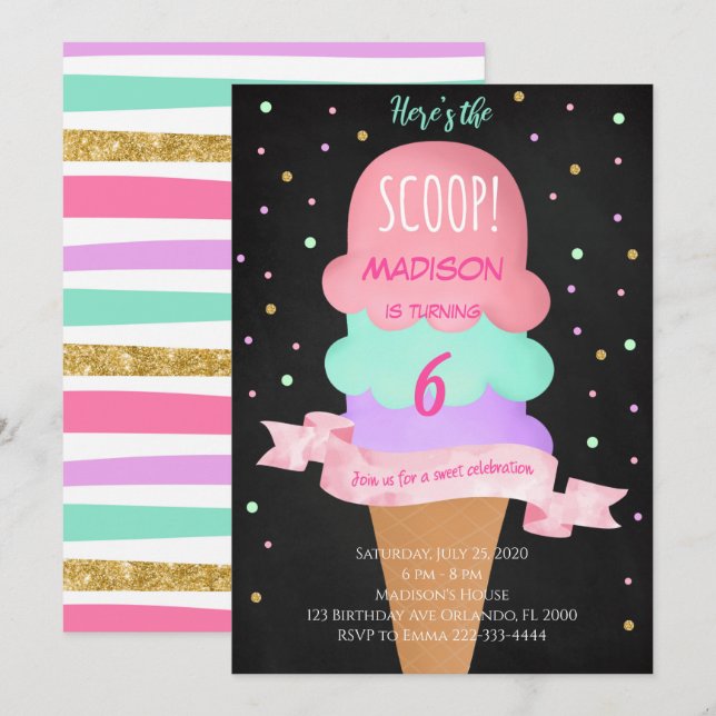 Here's the Scoop Black Ice Cream Birthday Invite (Front/Back)