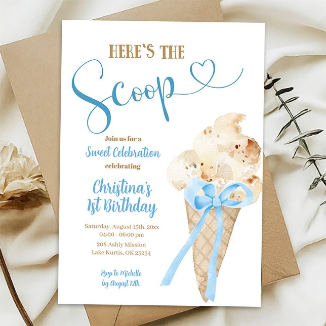 Here's the Scoop Blue Ice Cream First Birthday Invitation (Creator Uploaded)