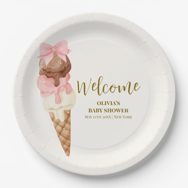 Here's The Scoop Bow Ice Cream Baby Shower Welcome Paper Plate (Front)