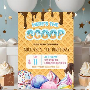 Heres The scoop Boy Chocolate Drip Waffle Birthday Invitation