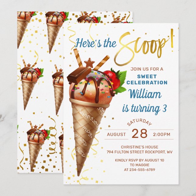 Here's The Scoop Chocolate Ice Cream Birthday Invitation (Front/Back)