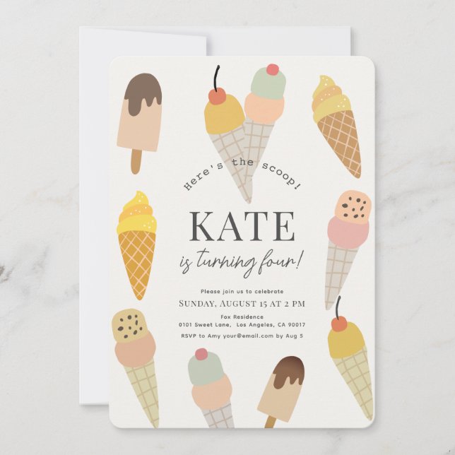 Here's the Scoop Colourful Ice Cream Kids Birthday Invitation (Front)