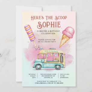 Here's The Scoop Colourful Kid's Ice Cream Birthda Invitation