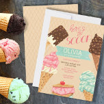 Here's the Scoop Girls Ice Cream Birthday Invitation<br><div class="desc">Cute and girly ice cream birthday invitation. The design has ice cream cones, ice cream sandwich and chocolate ice ceam lolly on a waffle wafer background. It is lettered with "here's the scoop" and your little one's name and age are highlighted on a banner. The design has a yummy colour...</div>