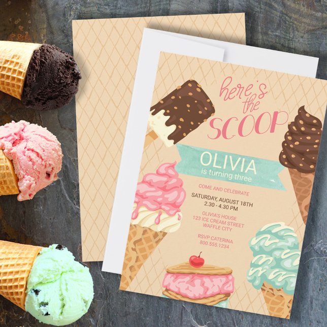 Here's the Scoop Girls Ice Cream Birthday Invitation (Creator Uploaded)