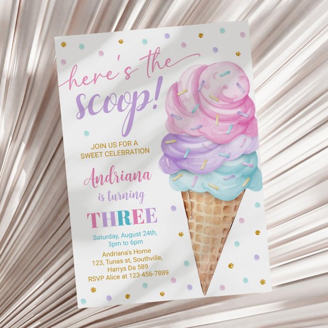 Here's the Scoop Girls Ice Cream Third Birthday Invitation (Creator Uploaded)