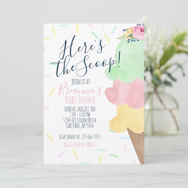 Here's The Scoop Ice Cream Baby Shower Invitation (Standing Front)