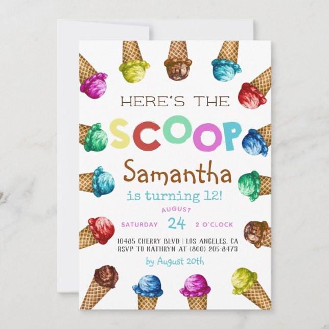 Here's the Scoop Ice Cream Birthday Invitation (Front)
