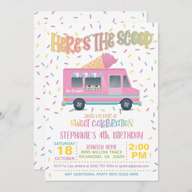 Here's the Scoop Ice Cream Birthday Invitation (Front/Back)