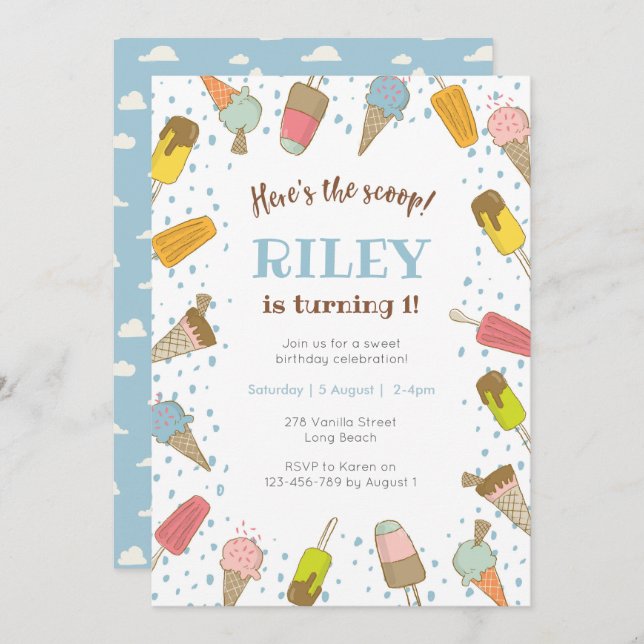 Here's the scoop Ice cream birthday invitation (Front/Back)