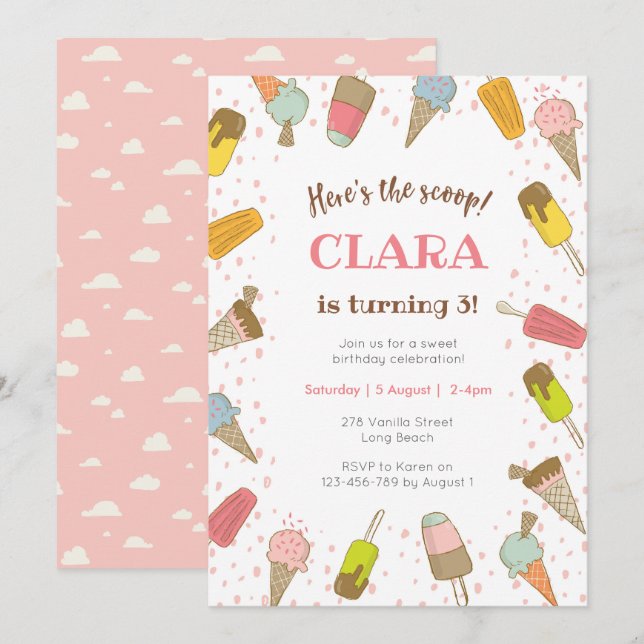 Here's the scoop Ice cream birthday invitation (Front/Back)