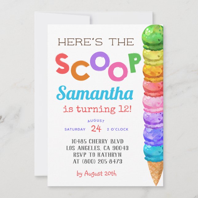 Here's the Scoop Ice Cream Birthday Invitation (Front)