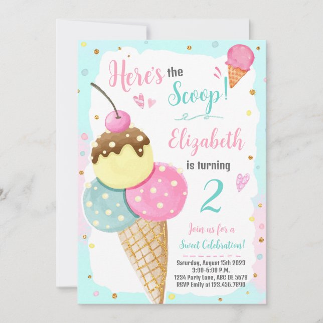 Here's The Scoop Ice Cream Birthday Invitation (Front)