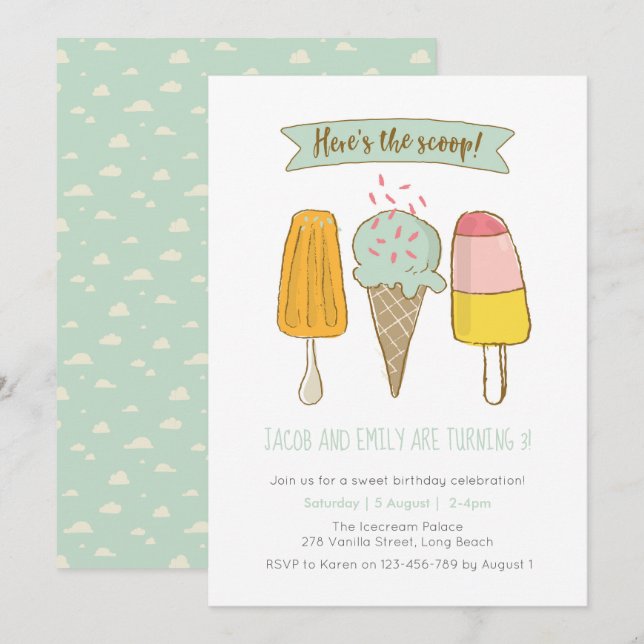 Here's the scoop Ice cream birthday invitation (Front/Back)
