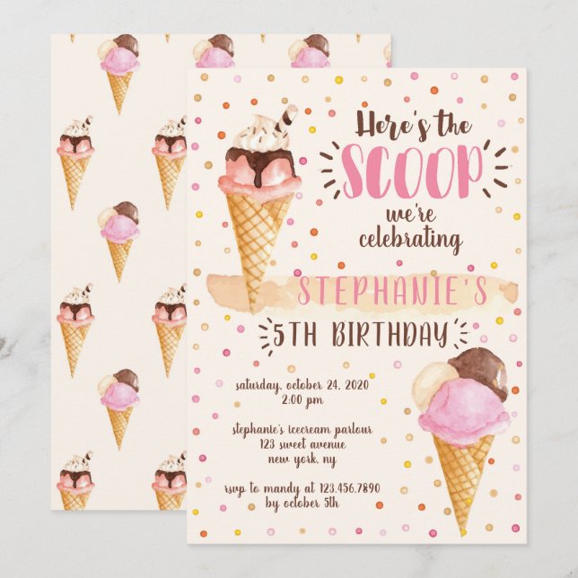 Here's the Scoop Ice Cream Birthday Party Invitation (Front/Back)