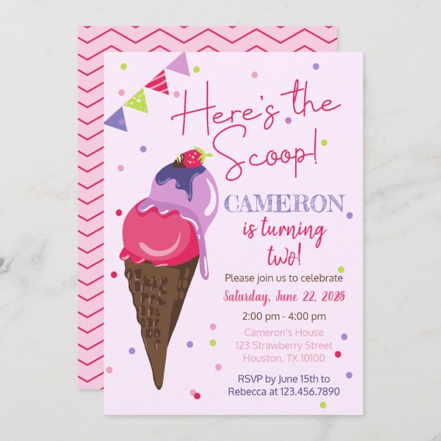 Here's the Scoop Ice cream Birthday Party Invitation (Front/Back)